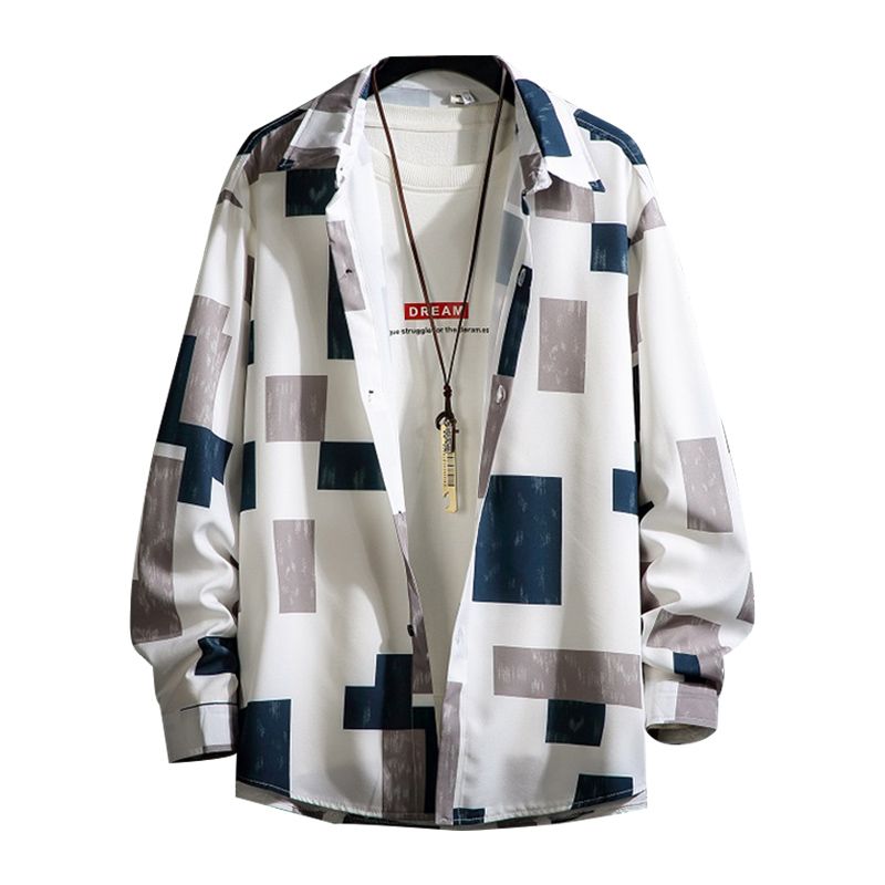 春秋長袖寬鬆大碼痞帥潮流格子襯衫外套