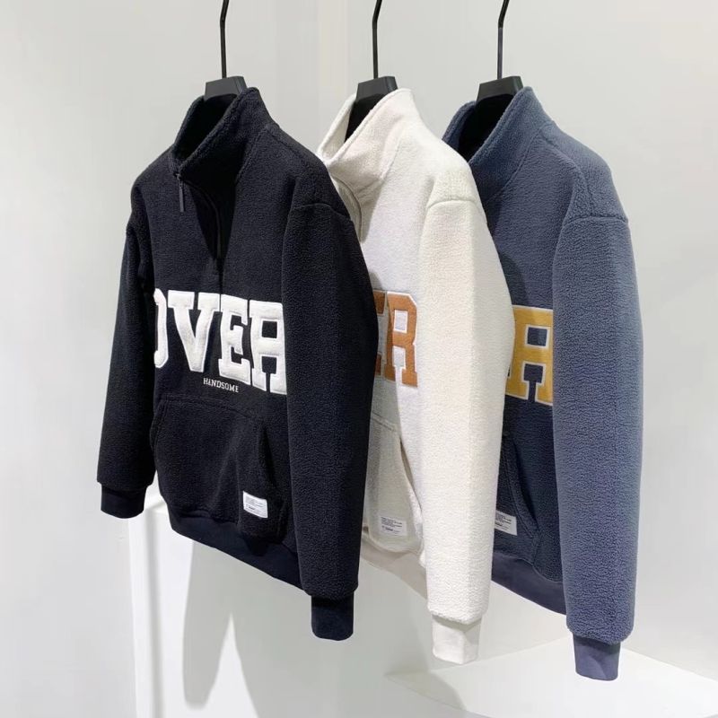 潮流休閒刺繡半拉鍊加厚搖粒絨立領長袖打底衫