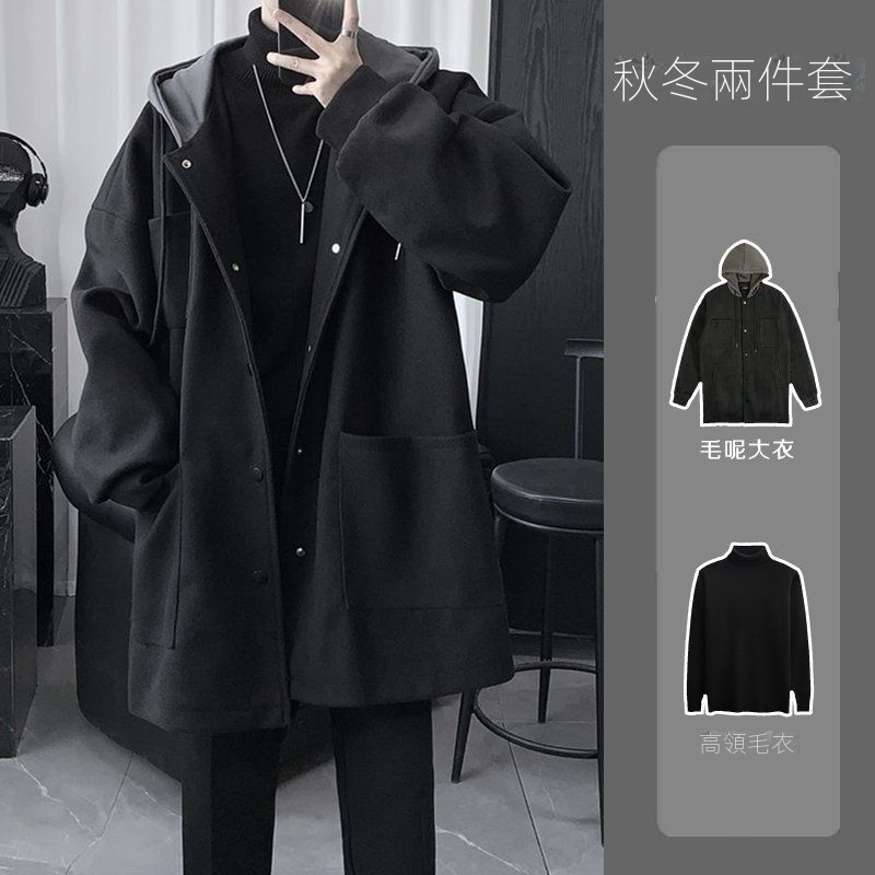 【單件/套裝】中長款夾棉連帽毛呢外套+黑色高領毛衣+加絨百搭西褲三件套裝