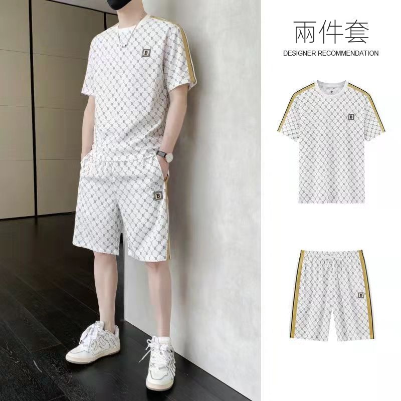 【整套】休閑薄款冰絲帥氣短袖T恤+運動短褲兩件套裝