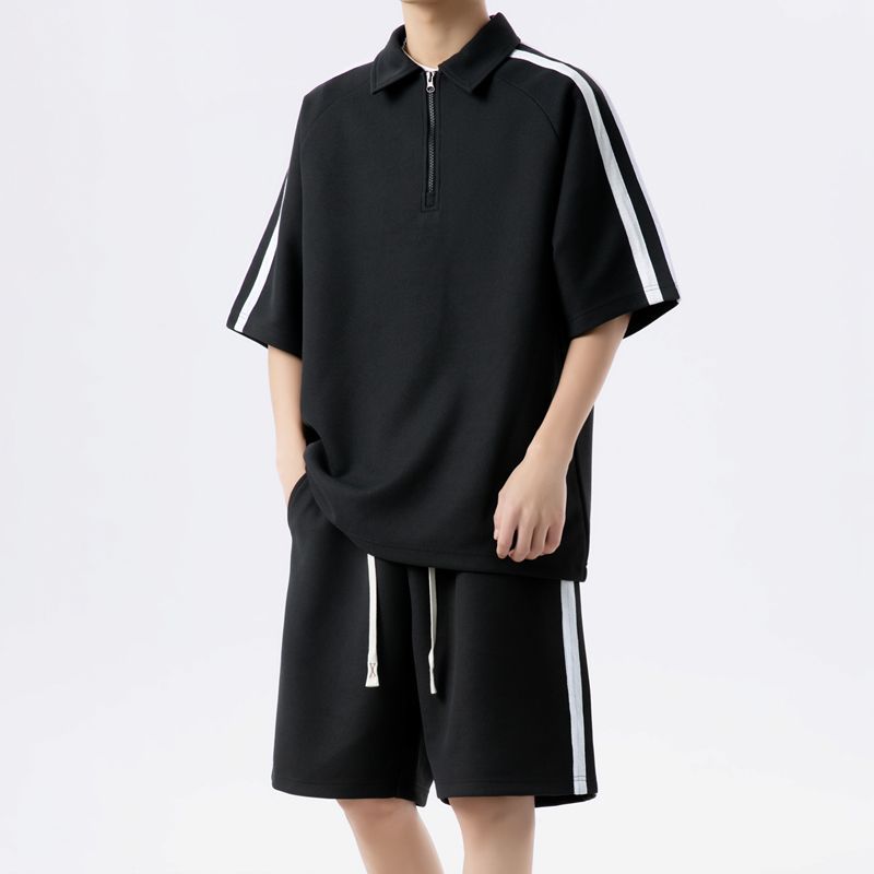 【整套】潮流寬松半拉鏈短袖t恤+運動休閑短褲兩件套