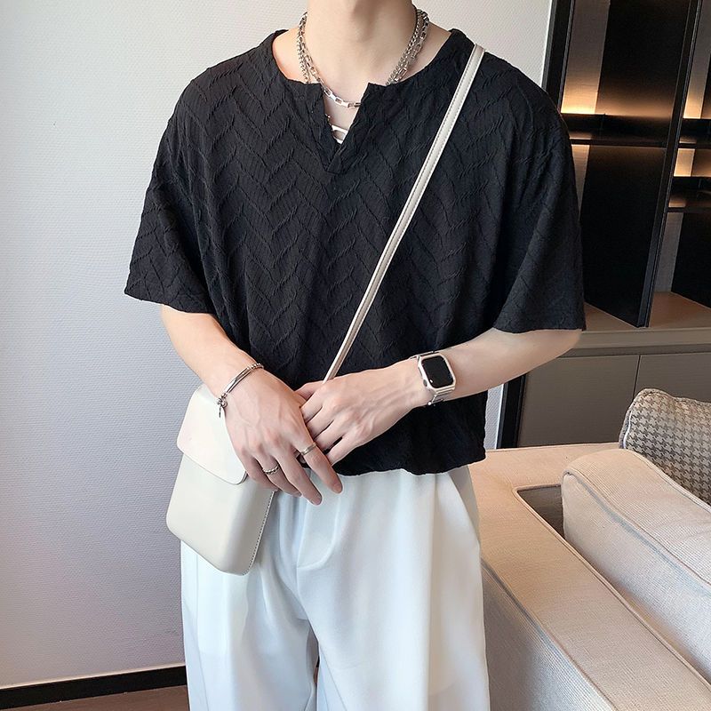 法式高街褶皺ins寬鬆慵懶風魚鱗紋V領短袖t恤衫