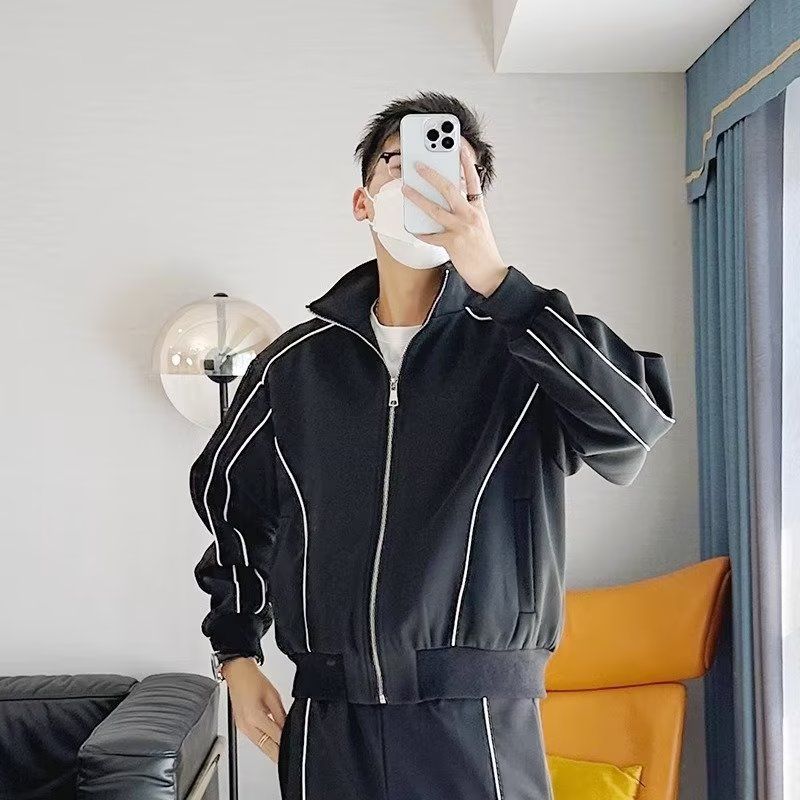 【整套】撞色輯明線立領寬鬆痞帥外套+休閒闊腿運動褲兩件套