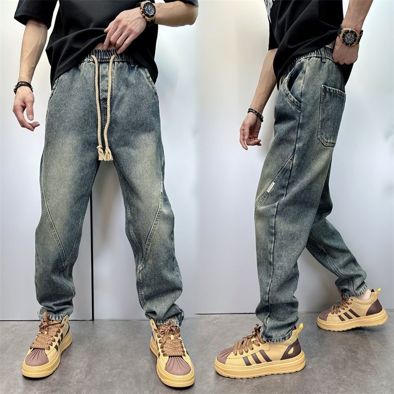 百搭復古水洗做舊寬鬆直筒哈倫牛仔褲