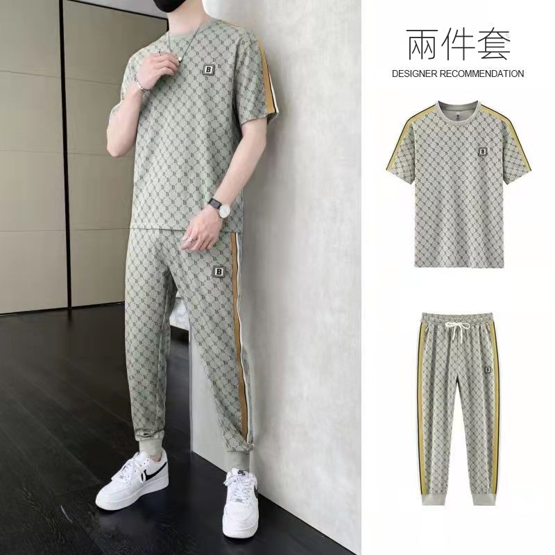 【整套】休閑薄款冰絲帥氣短袖T恤+運動短褲兩件套裝