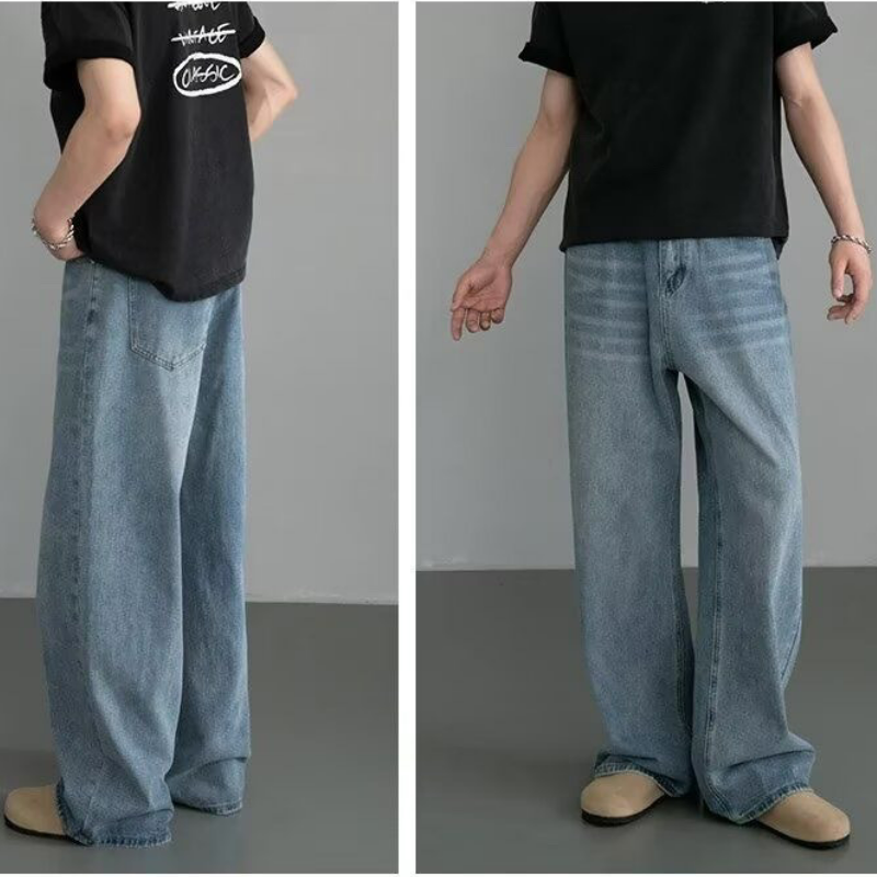 美式復古鬆緊腰寬鬆直筒cleanfit闊腿牛仔褲