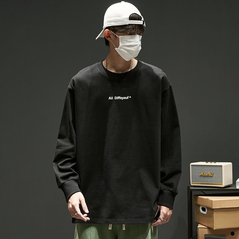 日系潮流寬圓領簡約字母長袖T恤