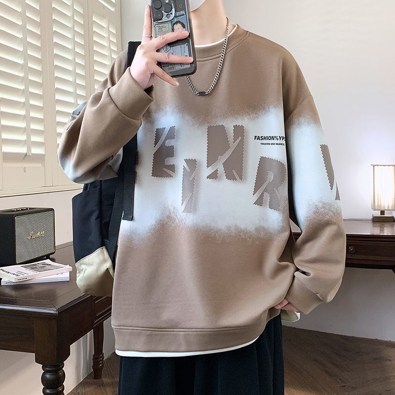 圓領刷毛加厚字母印花寬鬆帥氣長袖T恤