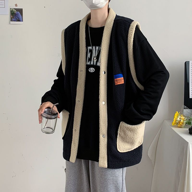 日系寬鬆復古無袖羊羔毛港風毛絨馬甲外套