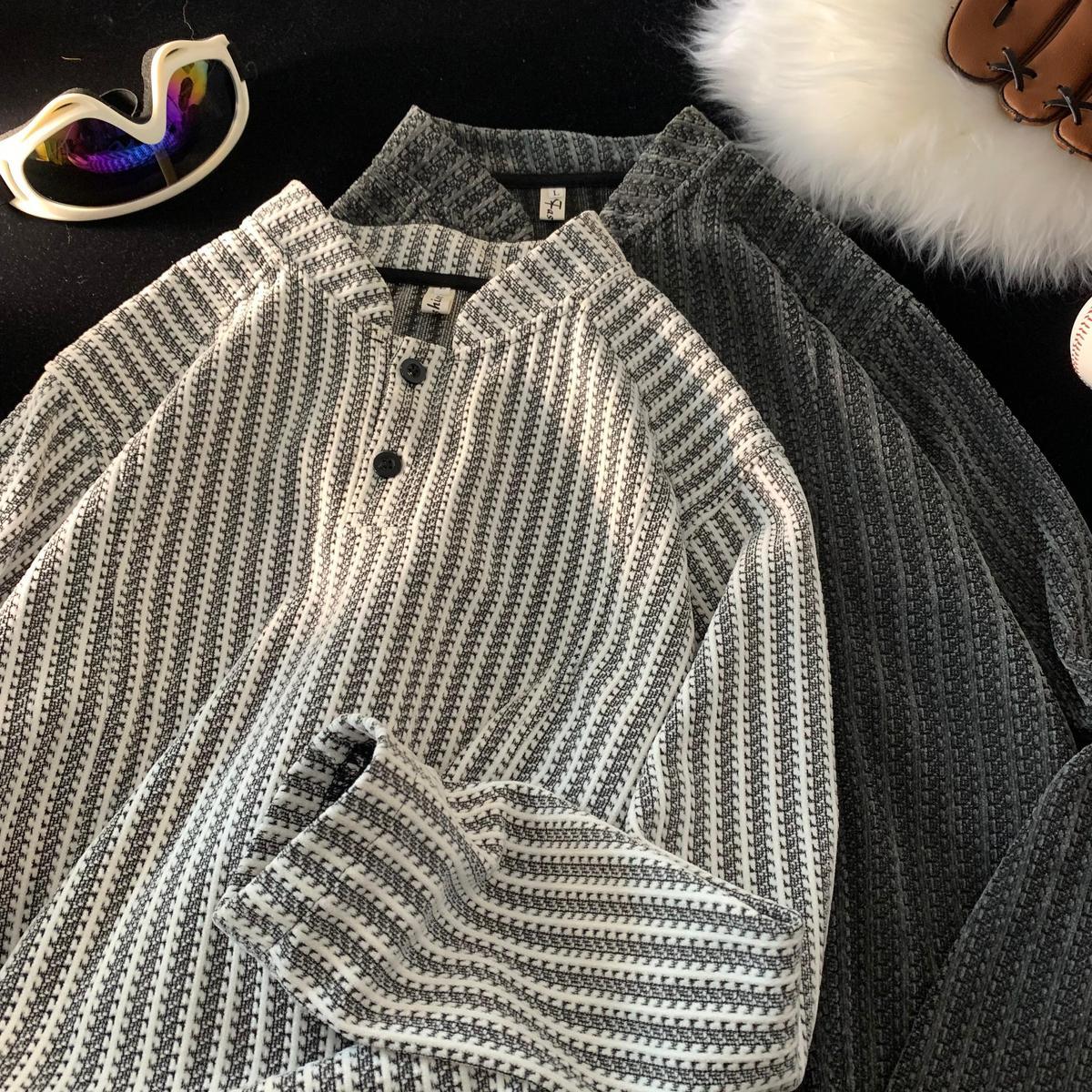 亨利領魚骨紋紐扣黑白條紋拼色打底衫長袖衛衣