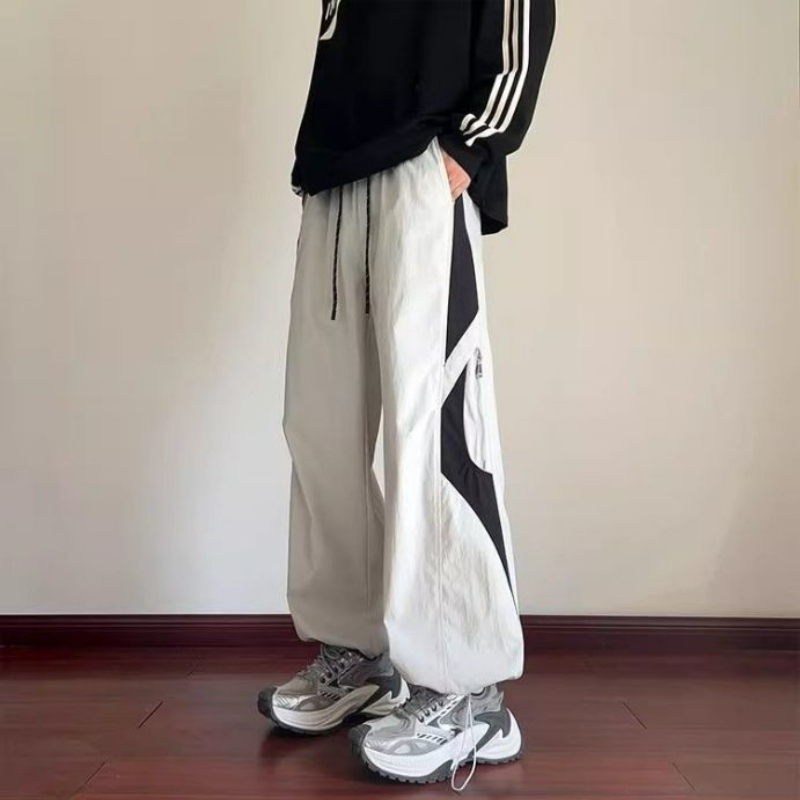 美式高街拼接撞色工裝寬鬆直筒百搭潮流運動褲