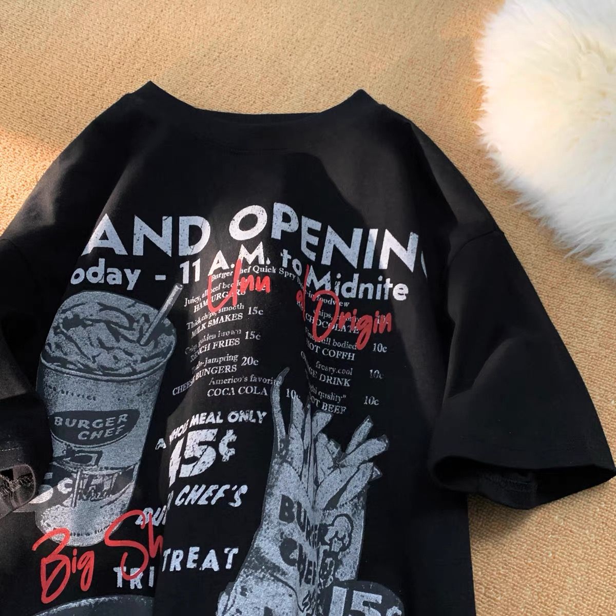 純棉美式潮牌漢堡薯條印花短袖t恤男女寬鬆oversize潮流半袖