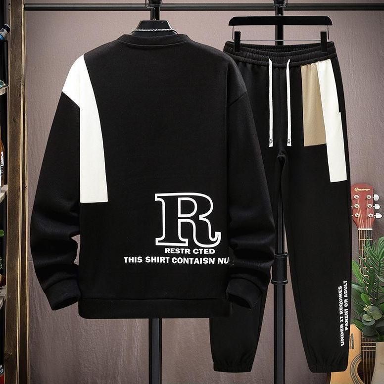 【整套】韓版潮流拼色圓領長袖T恤+寬鬆百搭運動休閒褲兩件套