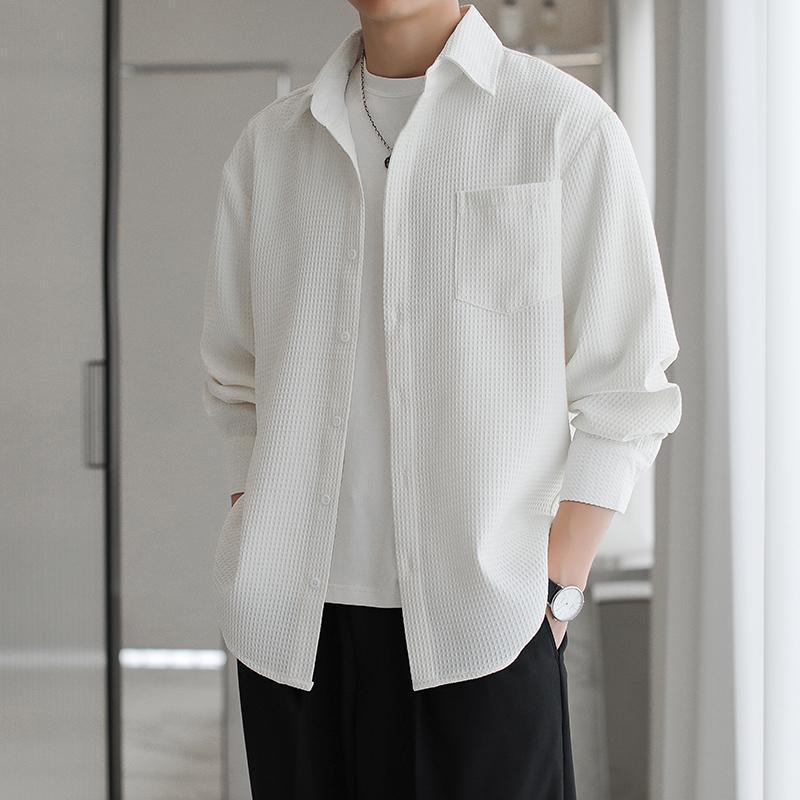 【單件/套裝】輕熟風高級感華夫格襯衫+長袖T恤+直筒休閒西褲三件套裝