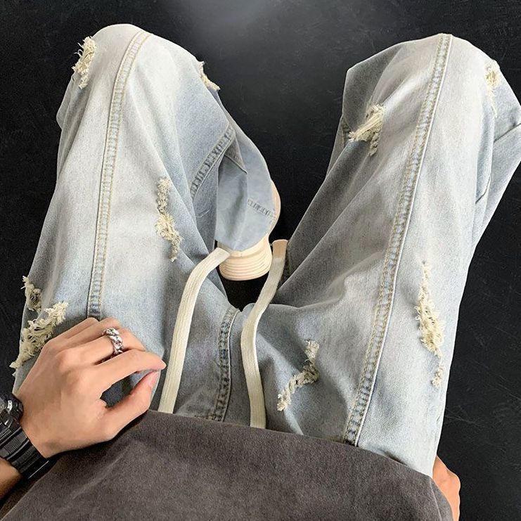 時尚潮流寬鬆闊腿直筒破洞牛仔褲