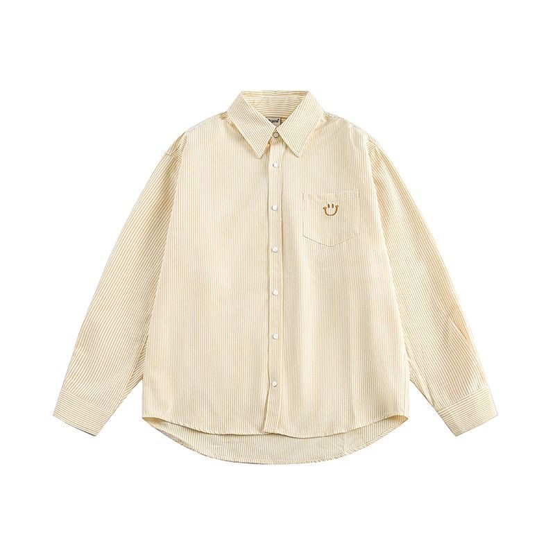 新款春秋情侶款刺繡笑臉條紋襯衫長袖外套寬鬆學院風休閒百搭襯衣