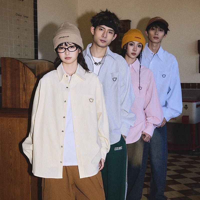 新款春秋情侶款刺繡笑臉條紋襯衫長袖外套寬鬆學院風休閒百搭襯衣