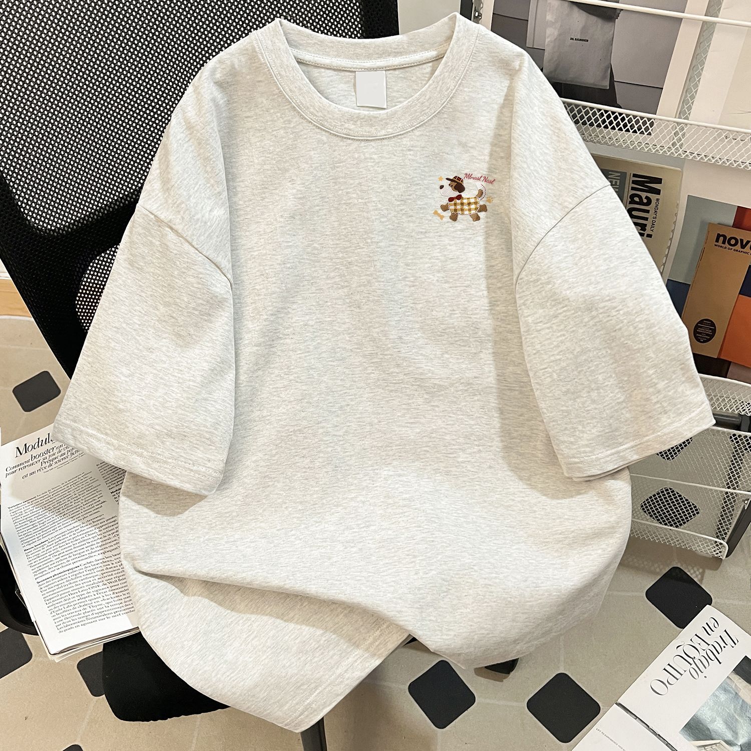 美式潮牌毛絨狗印花寬鬆休閒百搭短袖T恤