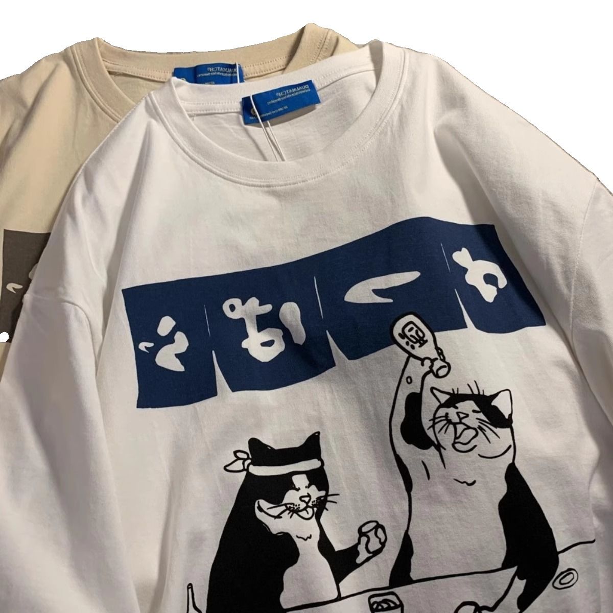 日系復古貪吃貓T恤夏季速乾短袖t恤寬鬆學生上衣服