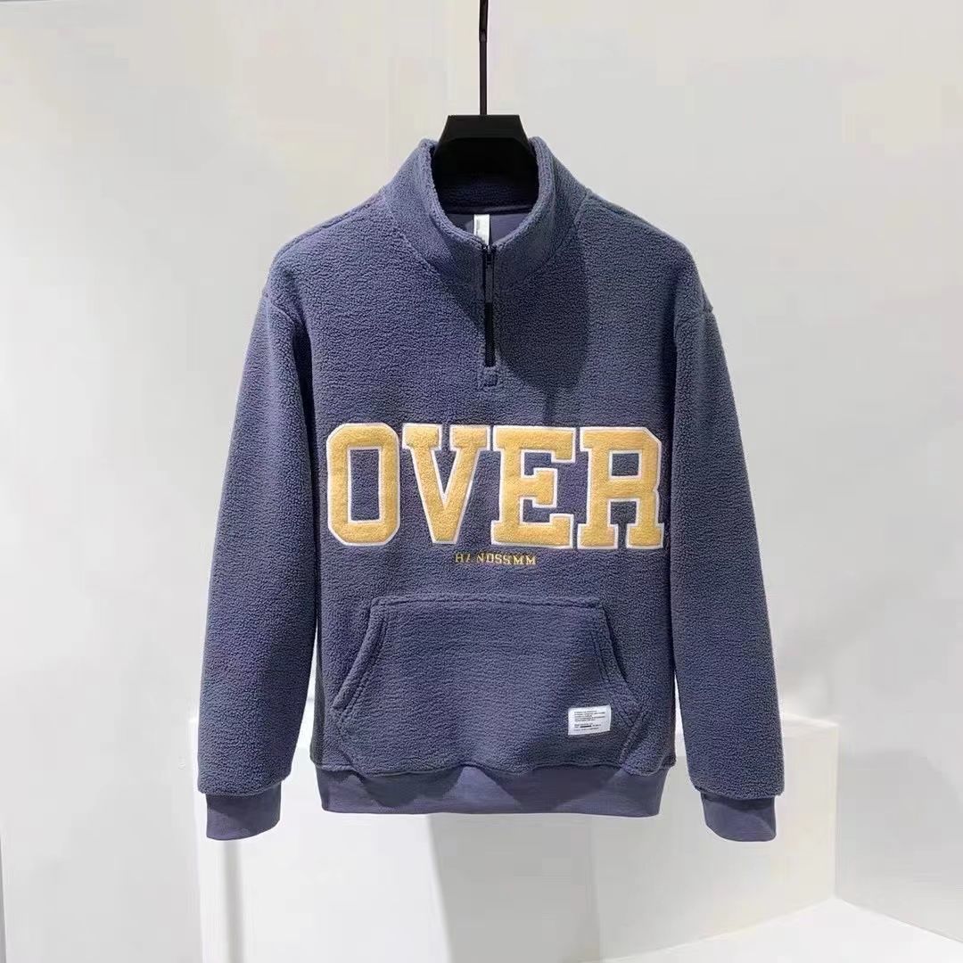 潮流休閒刺繡半拉鍊加厚搖粒絨立領長袖打底衫