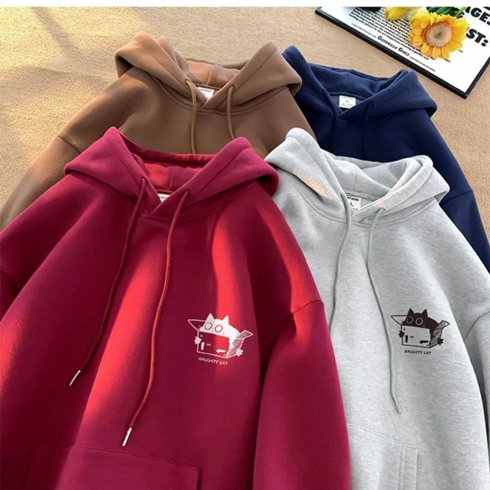 銀狐絨刷毛貓咪印花ins美式復古連帽T