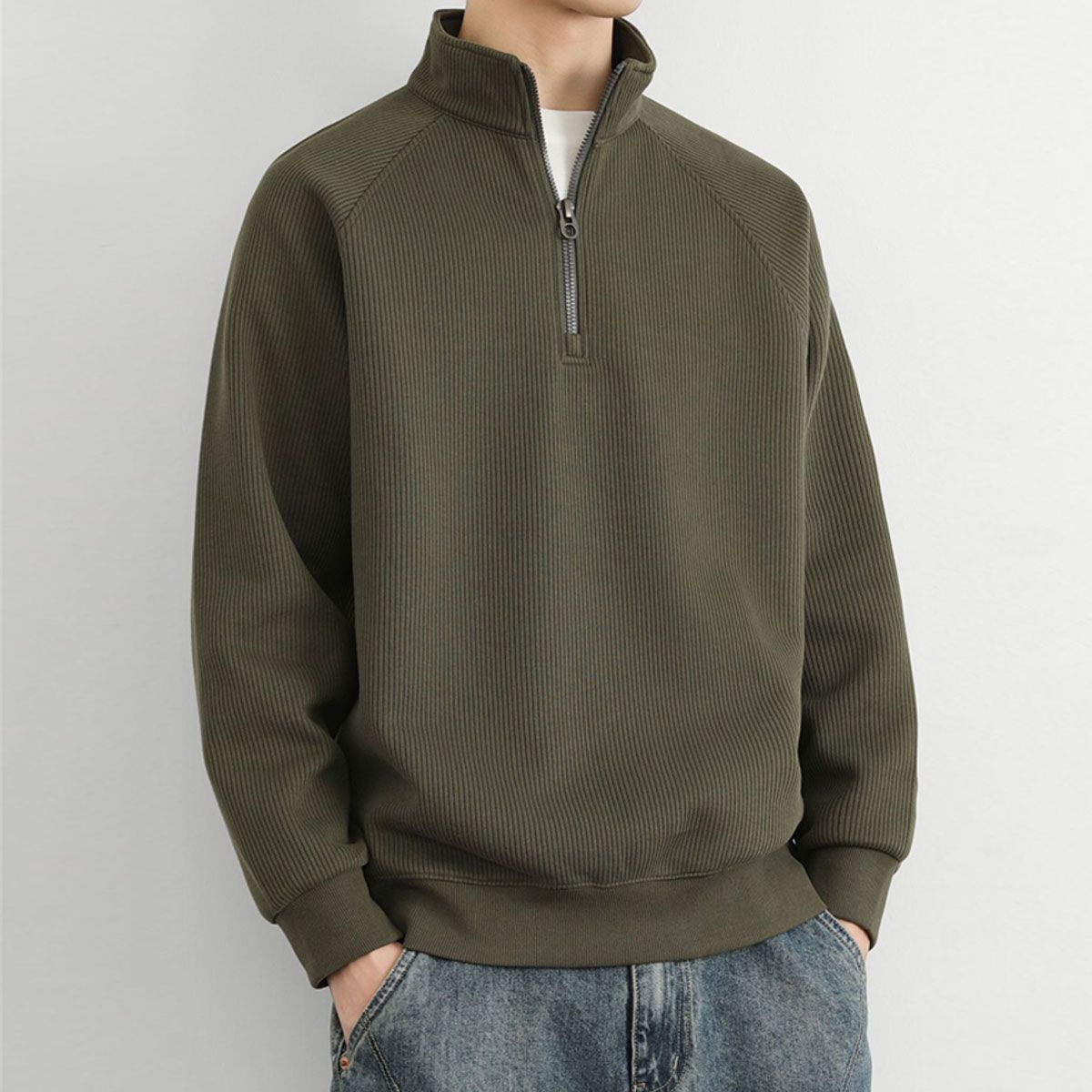 美式寬鬆帥氣百搭打底休閒半拉鍊立領長袖T恤