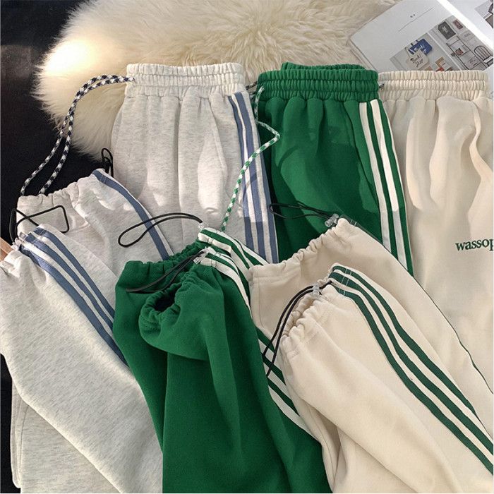 潮流束腳寬鬆百搭闊腿三條桿條紋運動休閒褲