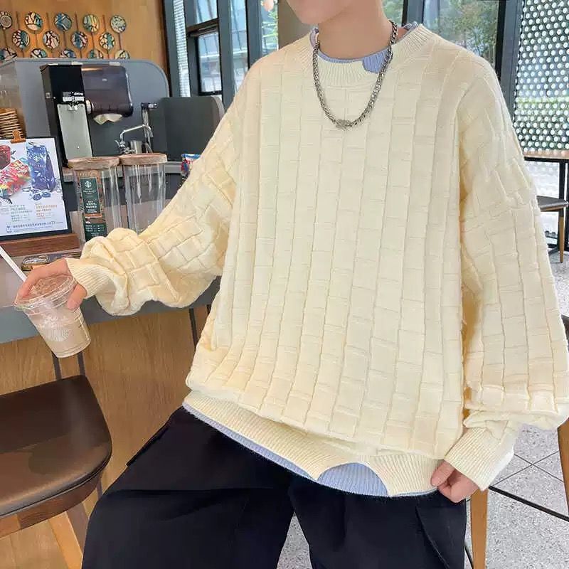 多巴胺假兩件寬鬆港風打底衫情侶針織毛衣