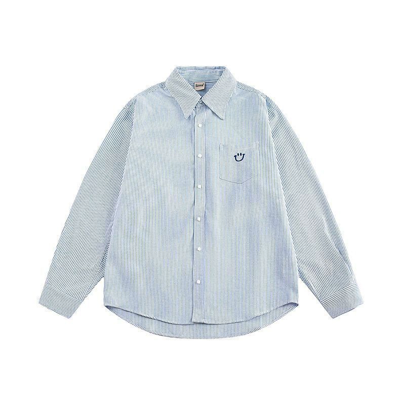 新款春秋情侶款刺繡笑臉條紋襯衫長袖外套寬鬆學院風休閒百搭襯衣