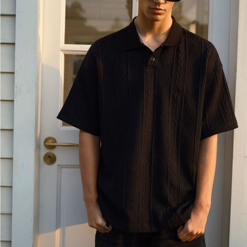 復古肌理感透氣寬鬆翻領POLO衫短袖