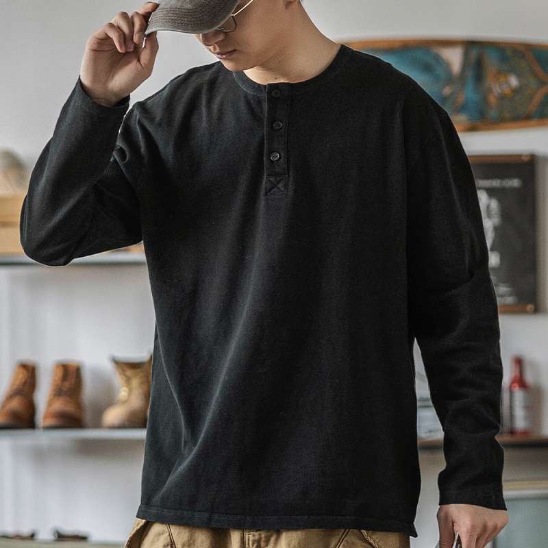 美式復古亨利衫開領長袖打底T恤
