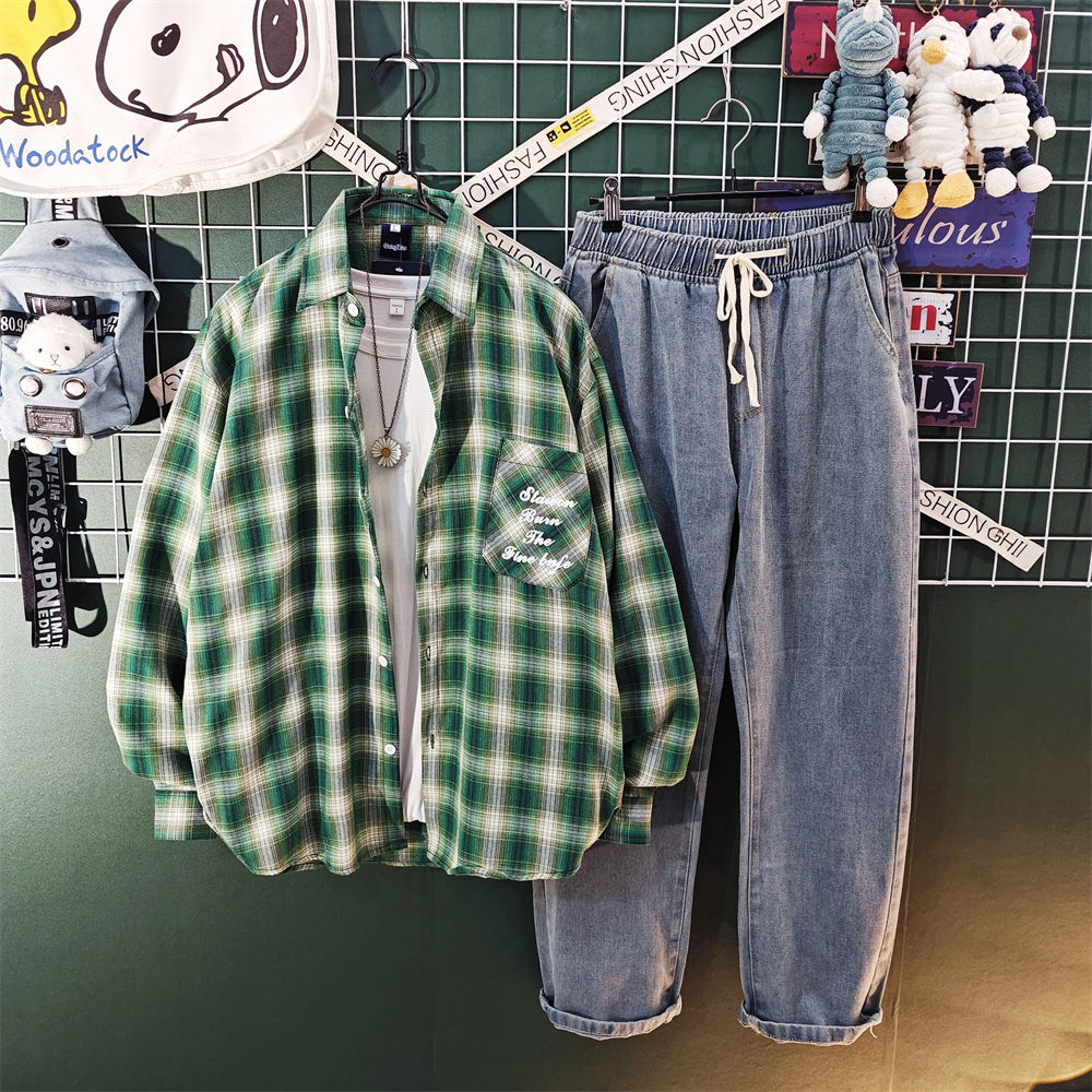 【單件/套裝】日系ins高街格子長袖襯衫 百搭T恤 帥氣休閒牛仔褲褲裝三件套套裝