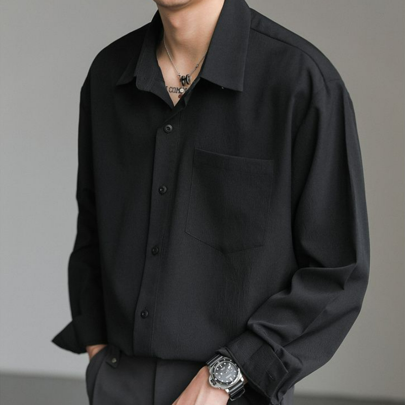 輕熟韓風潮流帥氣寬鬆休閒皺紋垂感長袖襯衫