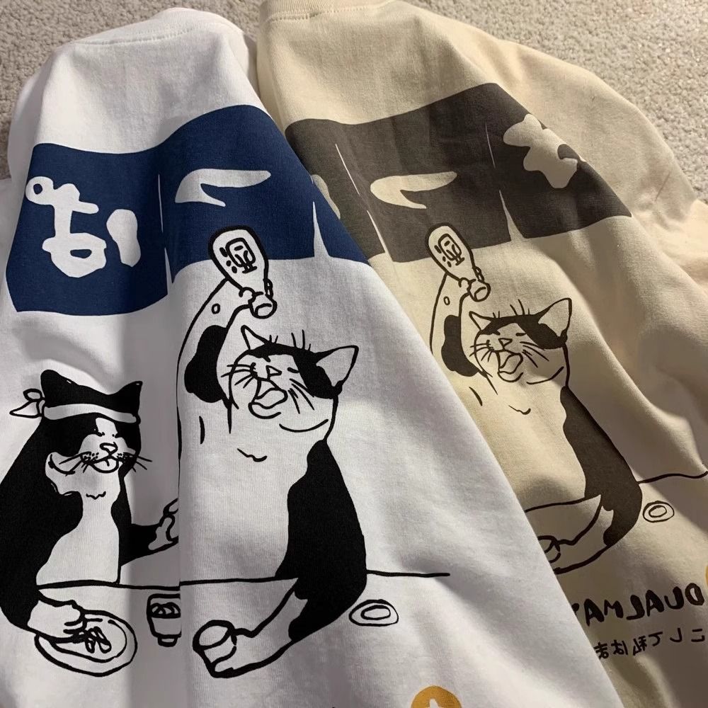 日系復古貪吃貓T恤夏季速乾短袖t恤寬鬆學生上衣服