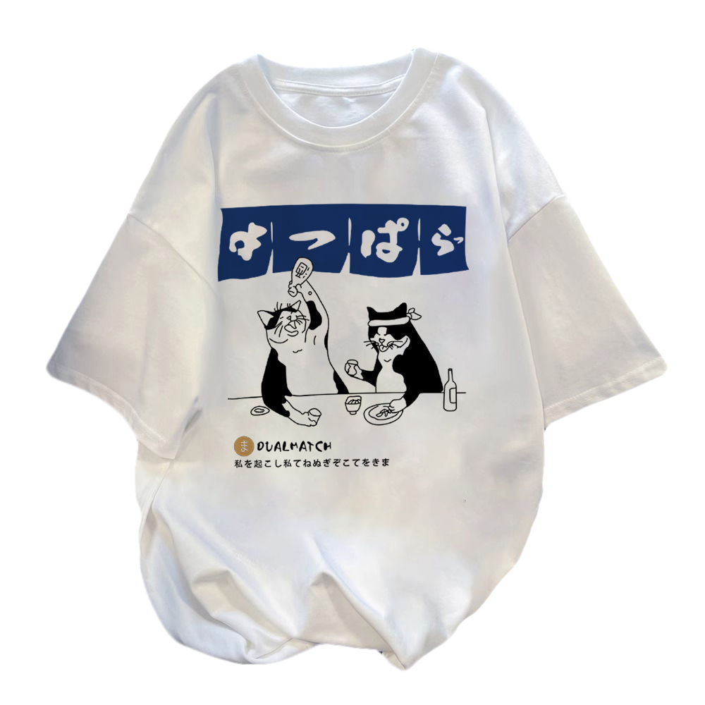 日系復古貪吃貓T恤夏季速乾短袖t恤寬鬆學生上衣服