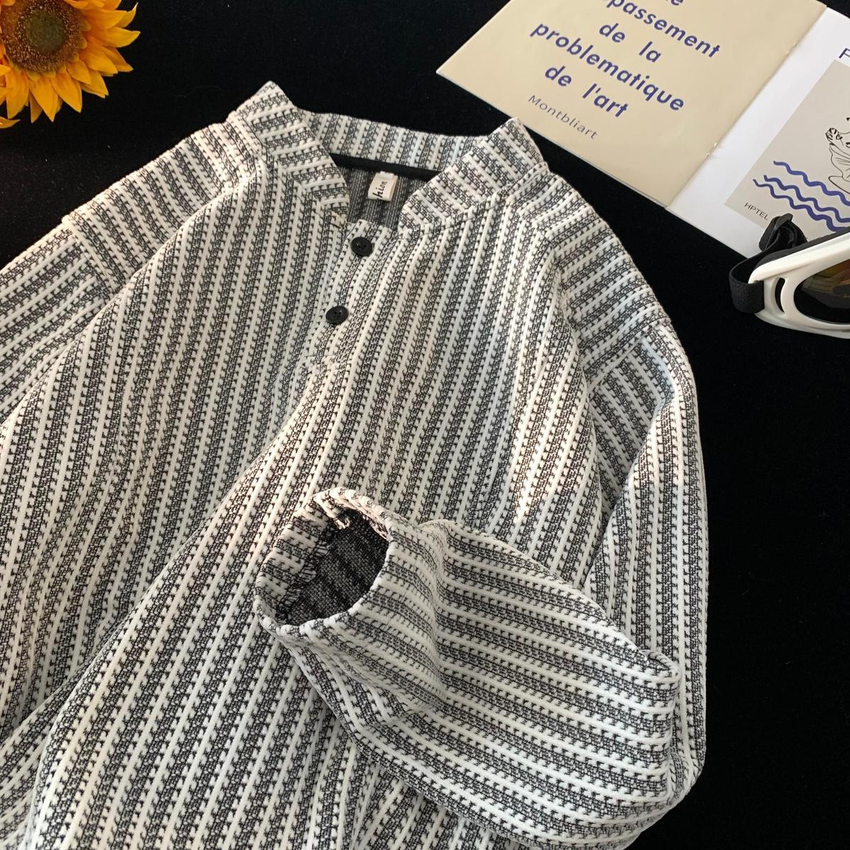 亨利領魚骨紋紐扣黑白條紋拼色打底衫長袖衛衣