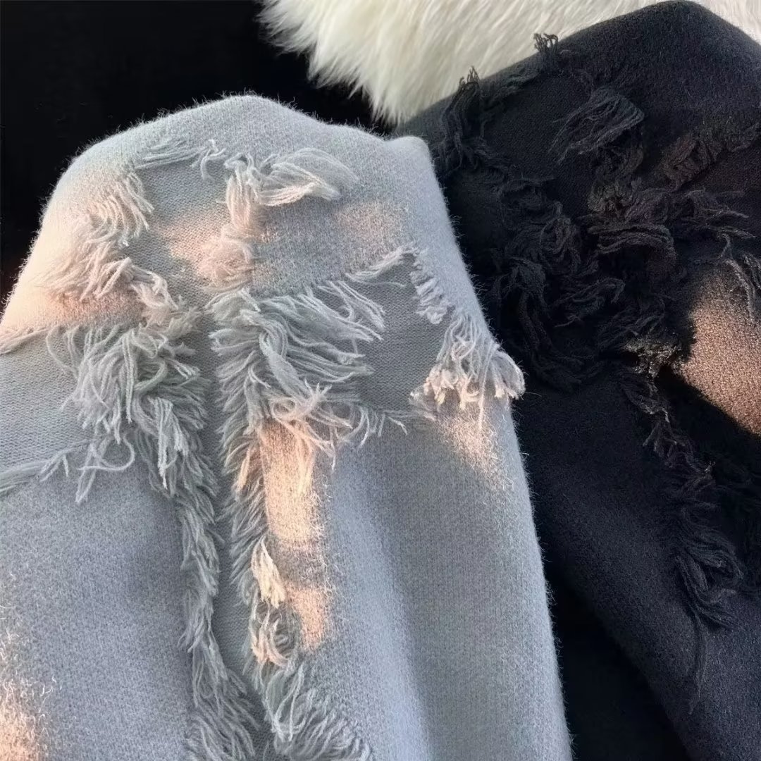 破洞圓領套頭潮牌高街復古長袖針織衫