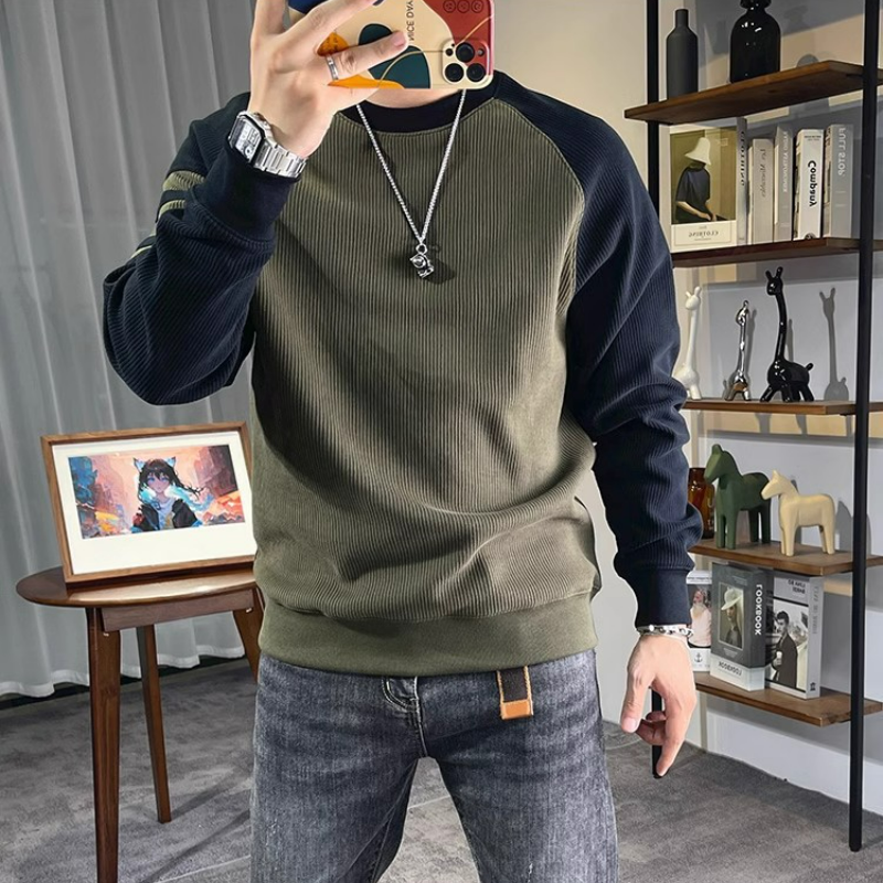 美式休閒豎條拼接撞色圓領套頭長袖T恤