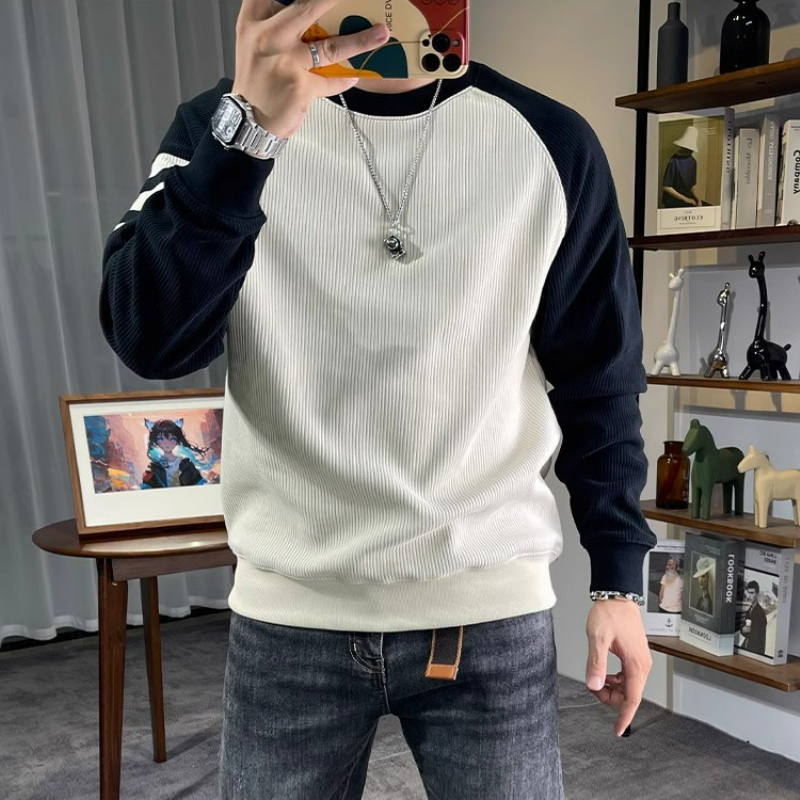 美式休閒豎條拼接撞色圓領套頭長袖T恤