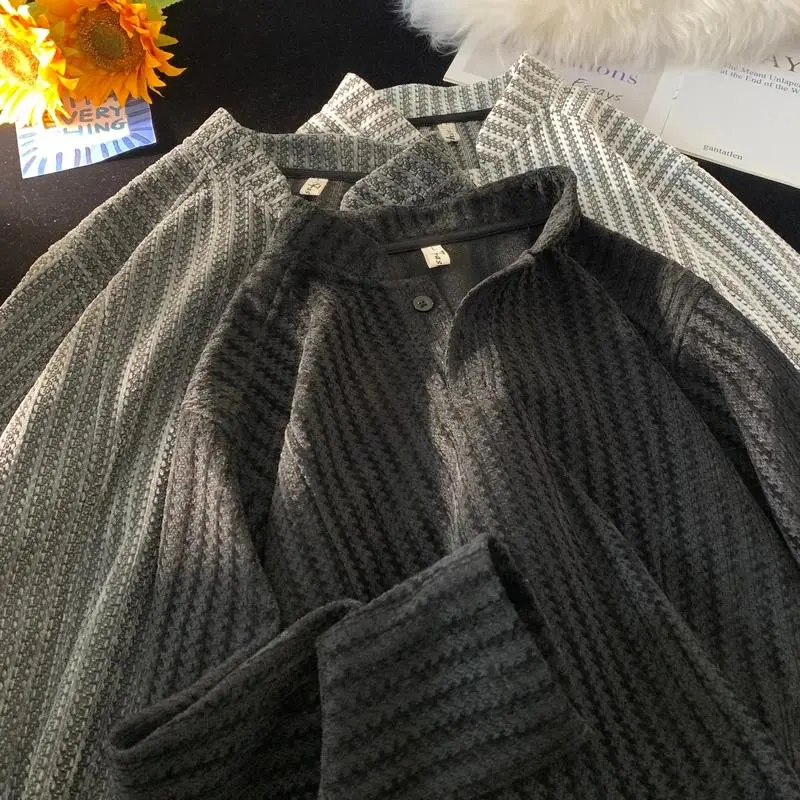 亨利領魚骨紋紐扣黑白條紋拼色打底衫長袖衛衣