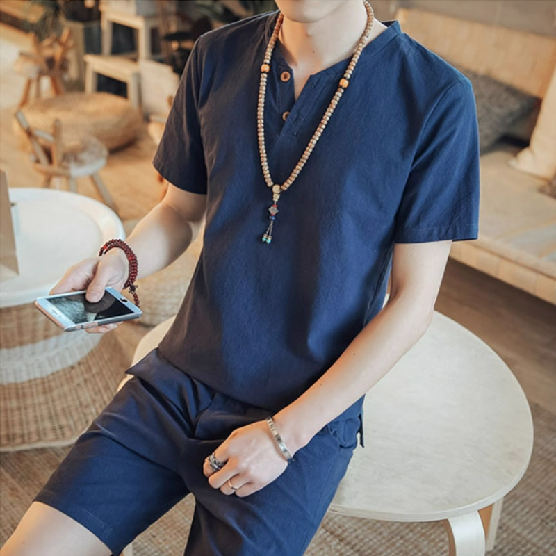 亞麻純色休閒寬鬆中國風復古棉麻v領短袖t恤