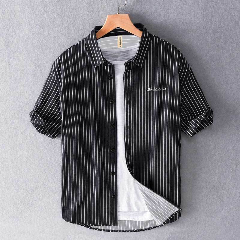 日系條紋刺繡翻領薄款寬鬆休閒短袖襯衫