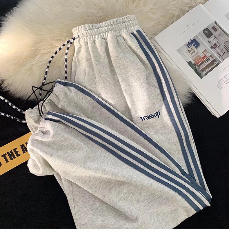 潮流束腳寬鬆百搭闊腿三條桿條紋運動休閒褲