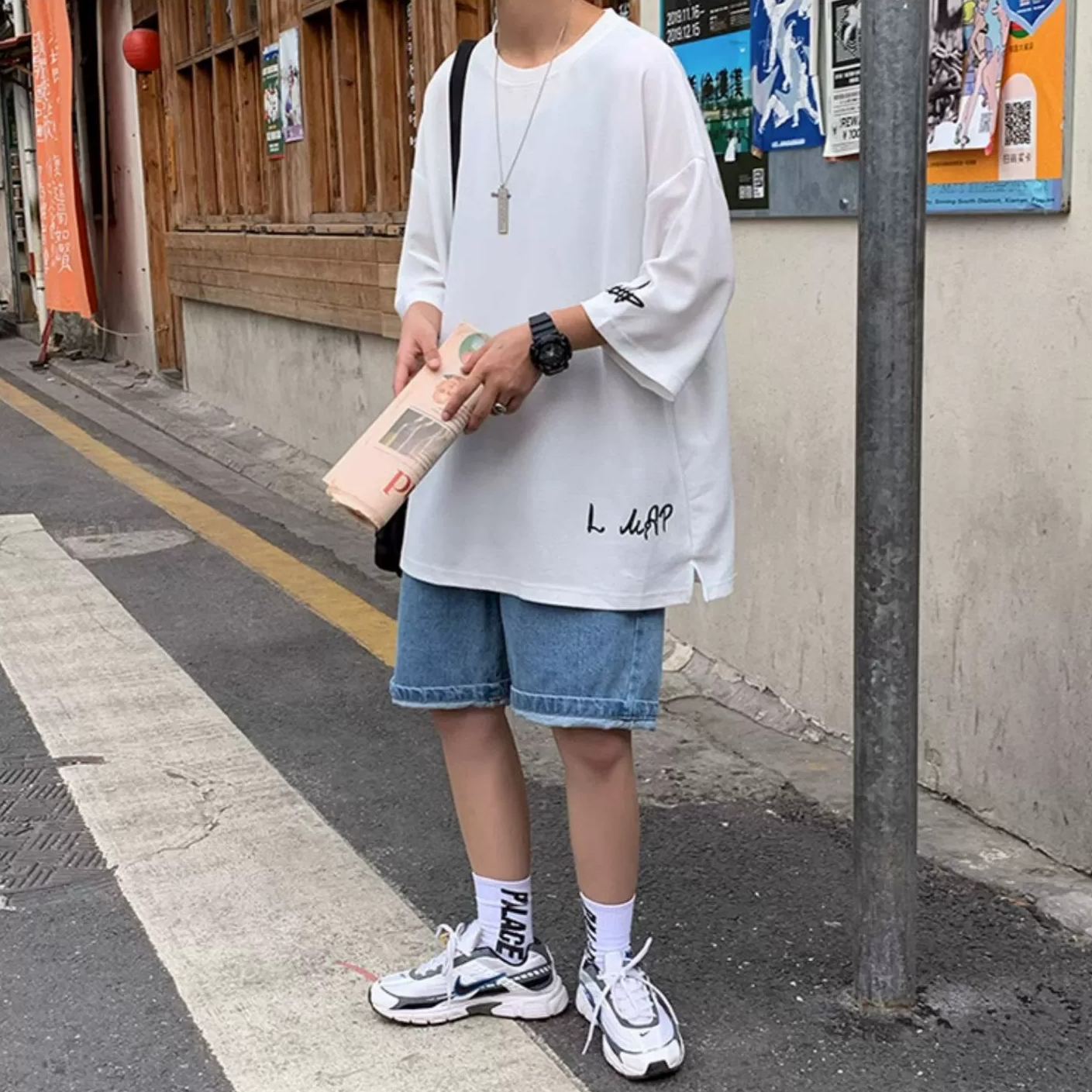 夏季寬鬆半袖男港風潮流百搭五分袖體恤ins潮牌短袖t恤男生上衣