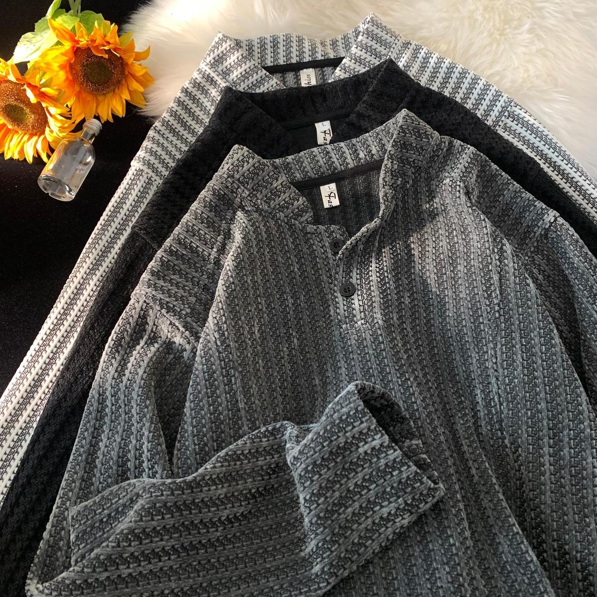 亨利領魚骨紋紐扣黑白條紋拼色打底衫長袖衛衣