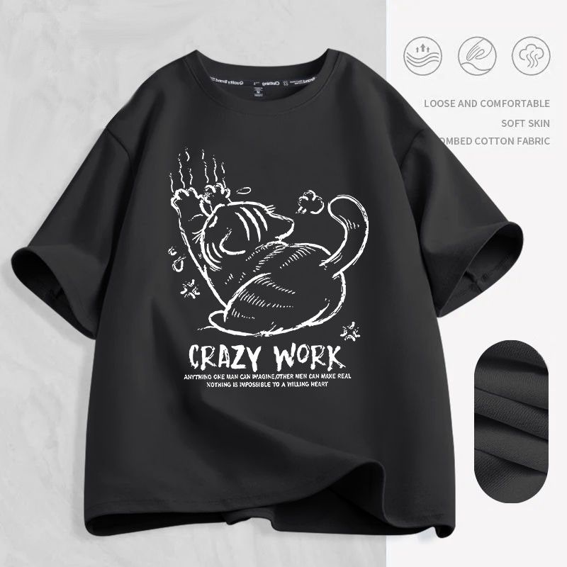 慵懶風貓咪印花純棉寬鬆正肩情侶短袖T恤