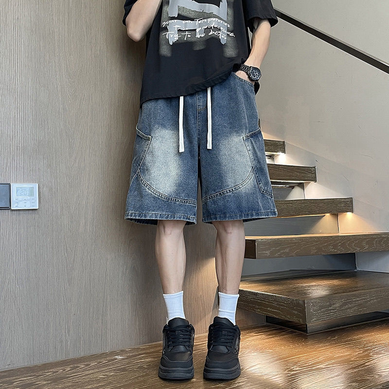 美式休閒寬鬆百搭直筒薄款牛仔五分短褲