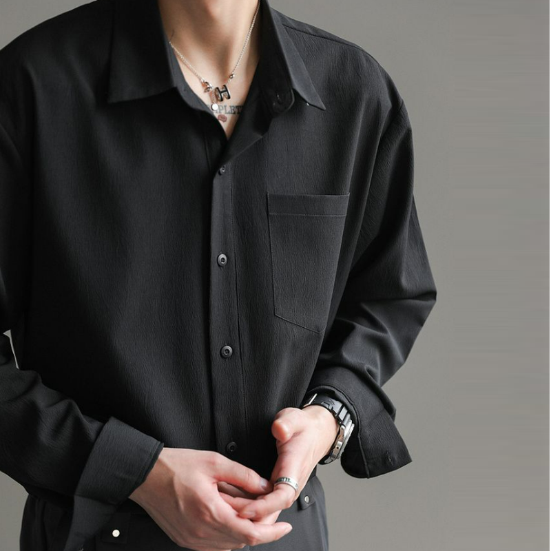 輕熟韓風潮流帥氣寬鬆休閒皺紋垂感長袖襯衫