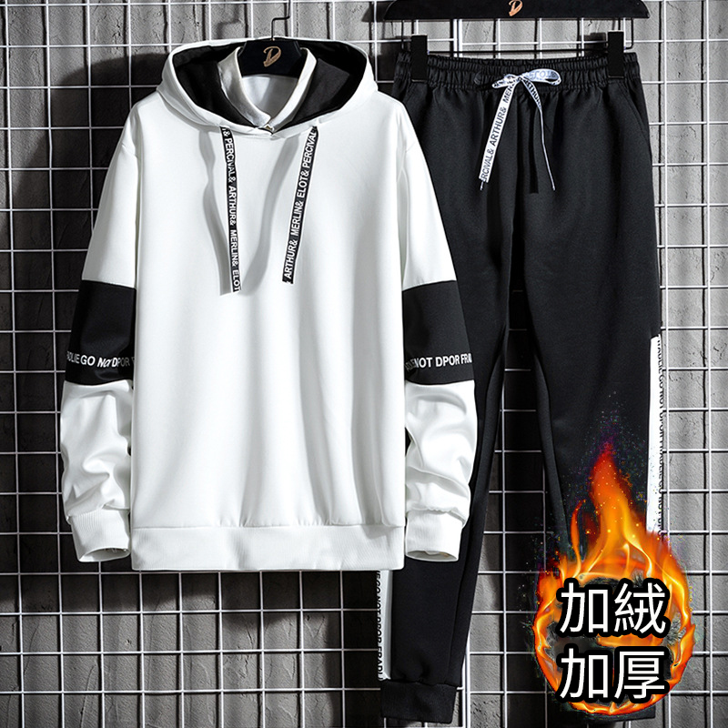 【整套】韓版搖粒絨修身運動連帽T+休閑九分褲兩件套裝