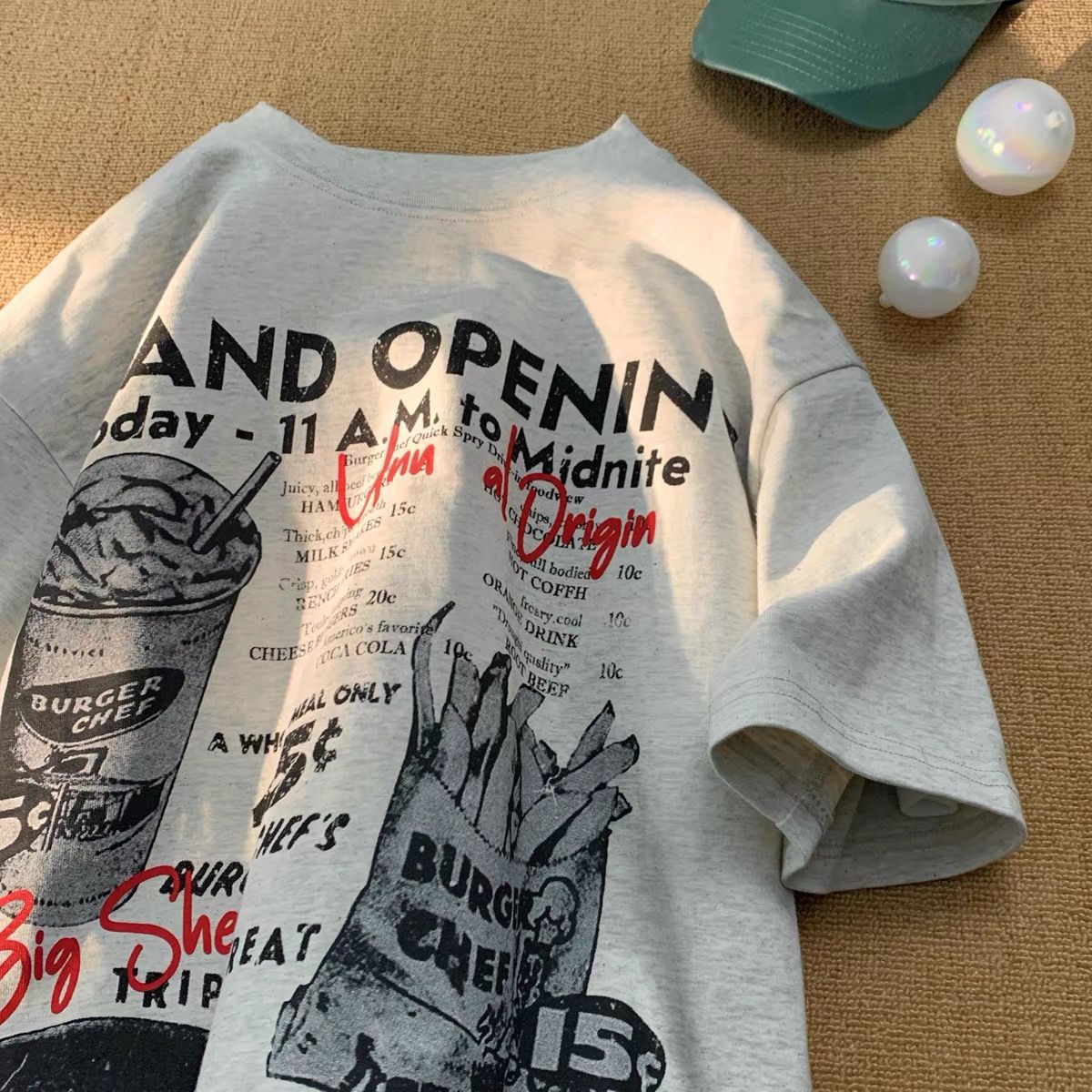 純棉美式潮牌漢堡薯條印花短袖t恤男女寬鬆oversize潮流半袖